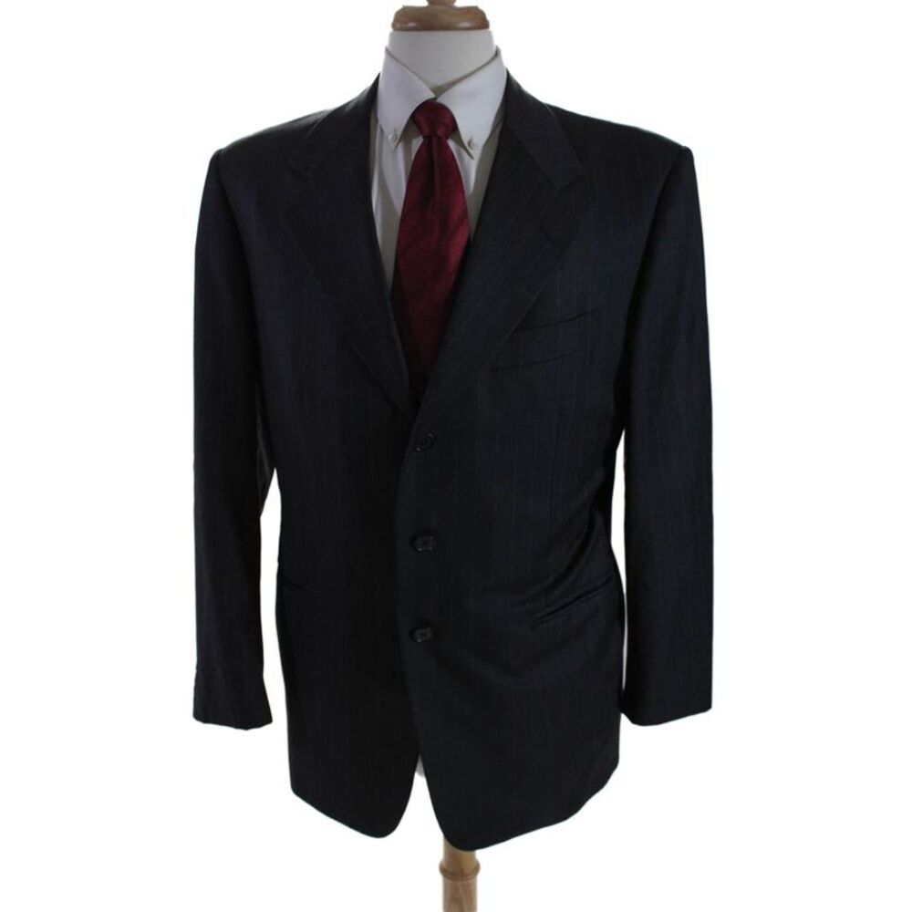 Pal Zileri Mens Wool Striped Print Button Darted Blazer Jacket Black Size EUR 44